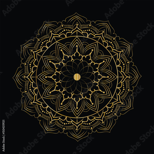 Detailed Golden Mandala Design on Black Background Symmetrical Art, Decorative Ornament Pattern