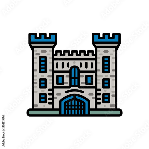 Majestic castle icon stands digitally tall gray blue style