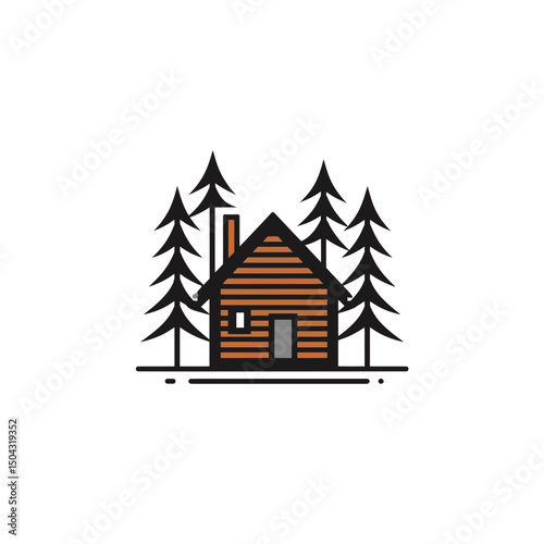 Cabin icon showcases structure amidst sparse forest drawing