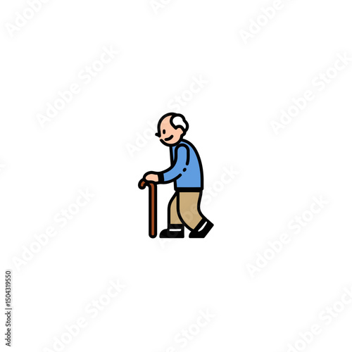 Elderly man walks aided by cane on white background icon
