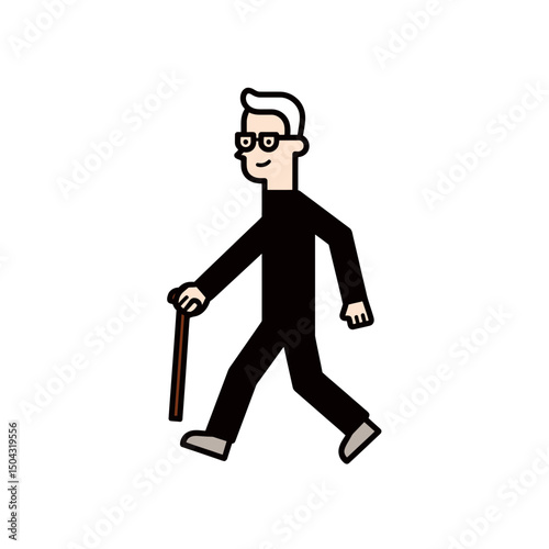 Cartoon man walks assisted by cane on blank background illustration