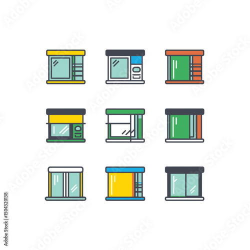 Colorful windows display patterns against white background graphic element