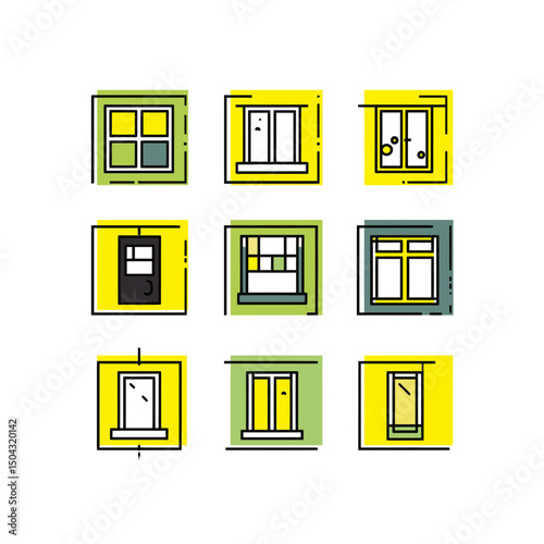Assorted windows displayed graphically in various designs indoors