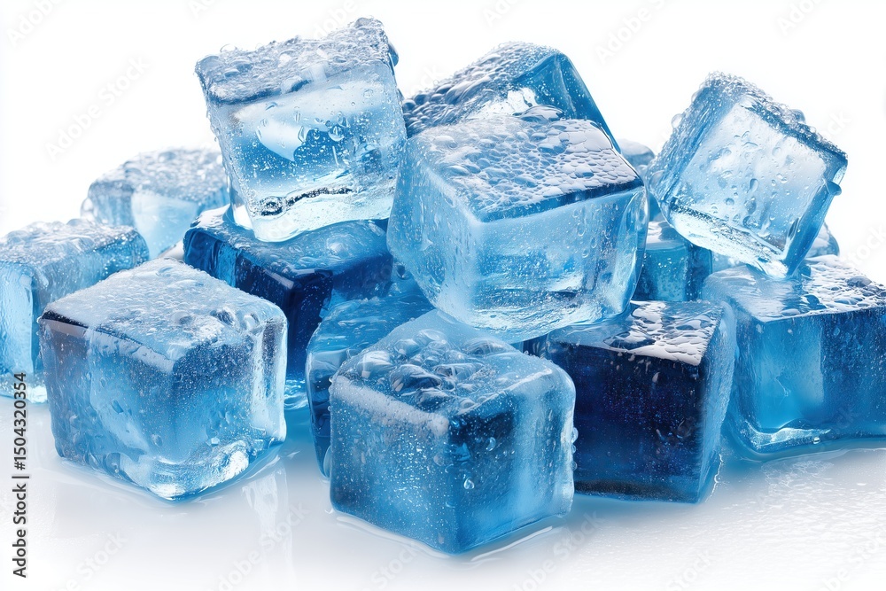 Obraz premium pile of glistening ice cubes reflecting light and hinting refreshment on bright white background