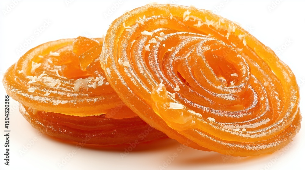 Fototapeta premium Delicious orange colored sweets stacked against white background spiral shape and shiny texture