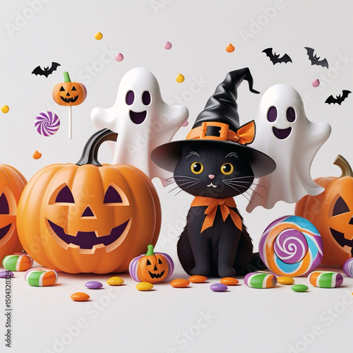 Cute Black Cat in Witch Hat with Pumpkins, Ghosts, and Halloween Candy