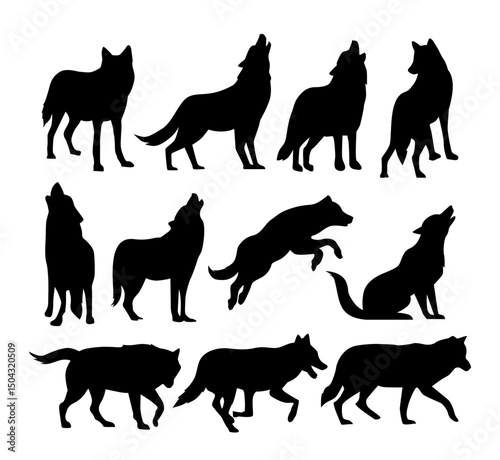 wolf howling silhouette set