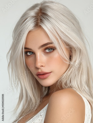 A woman with long blonde hair wearing a white dress