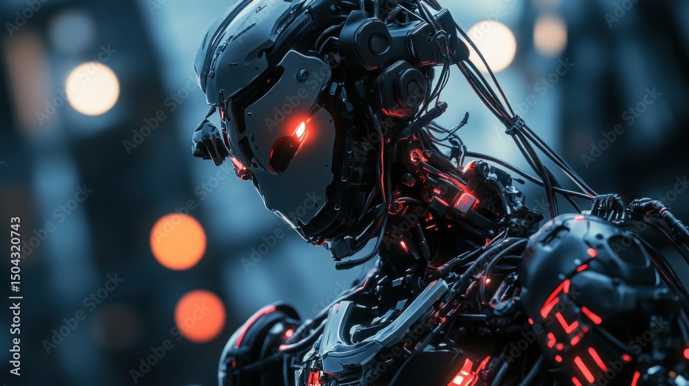 Fototapeta premium High-tech robot soldiers with cables through their limbs, power systems and attached weapons, background wallpaper AI generated image