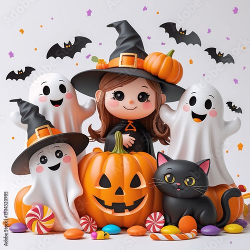 Adorable Halloween Witch, Ghosts, Pumpkins, and Black Cat with Candy