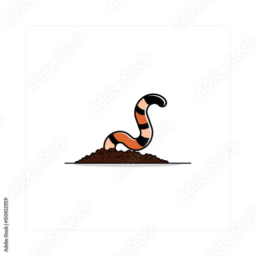 Striped worm emerges from dirt in cartoon soil scene simple