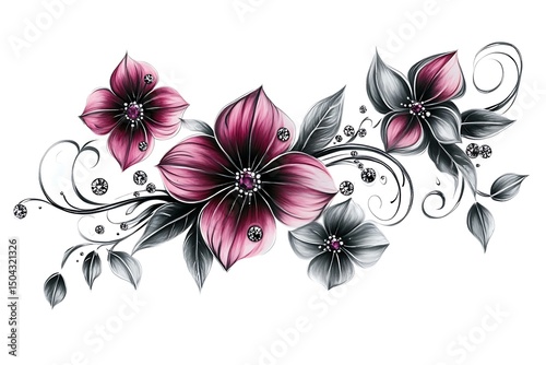 Elegant Floral Arrangement, Maroon & Grey Flowers, Diamonds, Intricate Vines on White