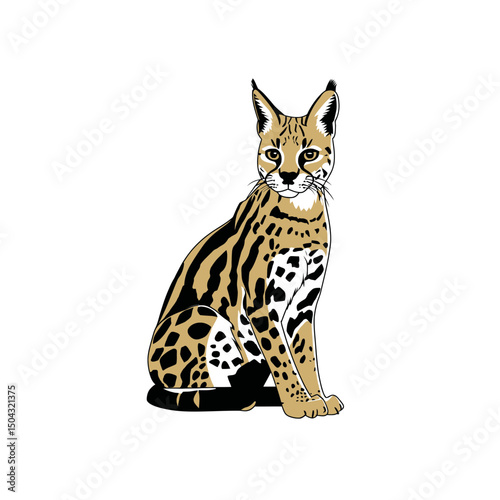Ocelot illustration sits frontal isolated stylized art design vector