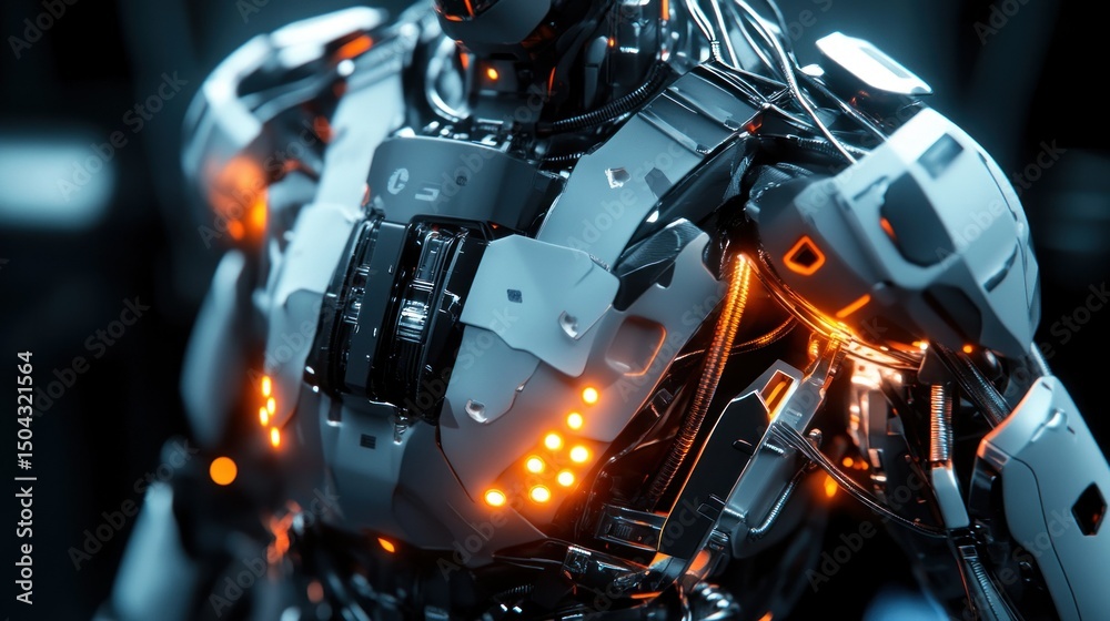 Fototapeta premium High-tech robot soldiers with cables through their limbs, power systems and attached weapons, background wallpaper AI generated image