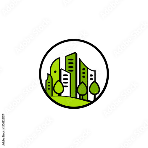 Urban buildings integrate within nature scenic illustration emblem