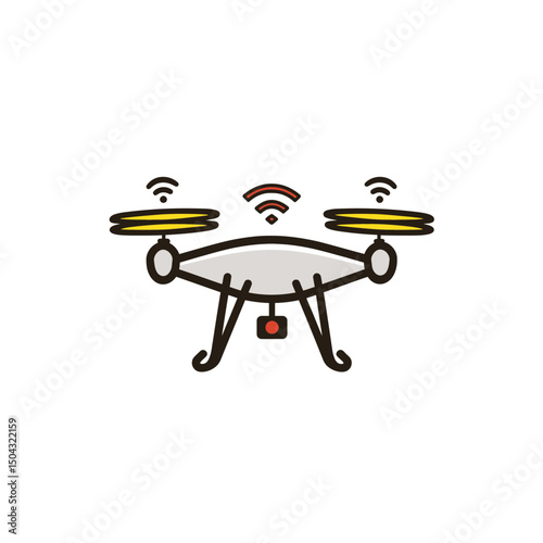 Iconic drone flies remotely indoor stylized graphic illustration