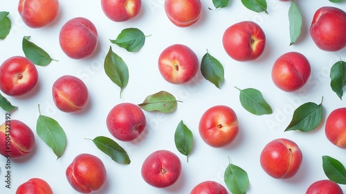 Delicious Heap of Ripe Red Peaches with Fresh Green Leaves on a Clean White Background