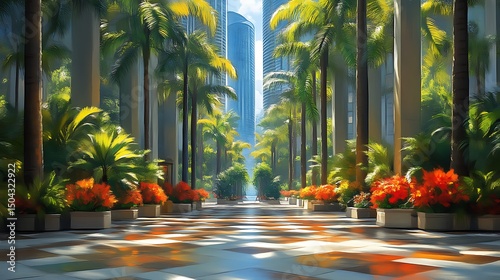 A tropical garden with palm trees and modern architectural buildings photo