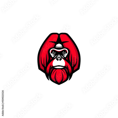 Red orangutan stares forward detailed graphic white backdrop view