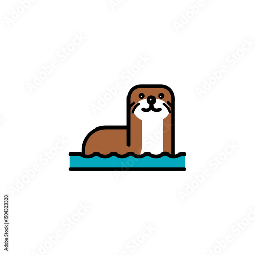 Brown otter swims happily in blue water simple illustration