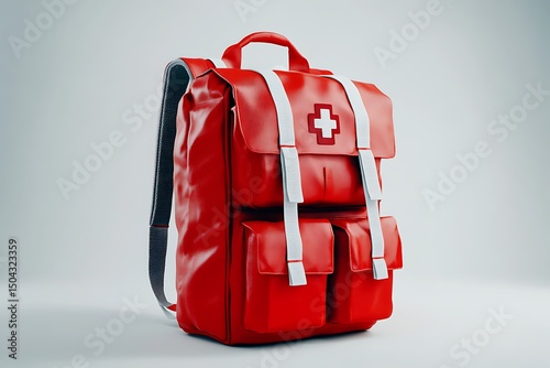 A red first aid backpack with white straps and a white cross on a white background in a studio shot