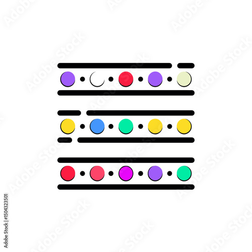 Colorful circles align spaced stripes on white background