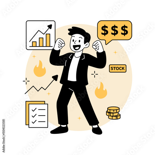 a man celebrating rising stock prices with charts and dollar icons. in a modern Stock Market flat vector illustrations