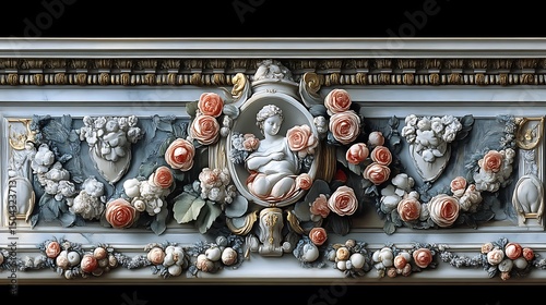 A Decorative Marble Relief with Flowers and a Classical Sculpture