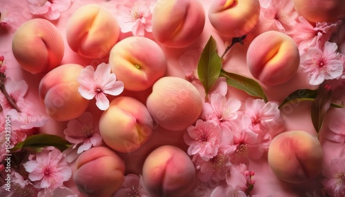 A delightful pattern of peaches with pink blossoms creating a vibrant display of spring produce and florals fresh