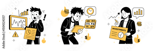 Flat vector illustration of men and women trading stocks, analyzing charts, and celebrating market gains.