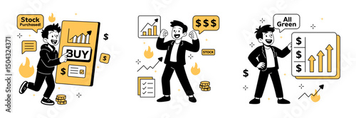 Flat vector illustration of men and women trading stocks, analyzing charts, and celebrating market gains.