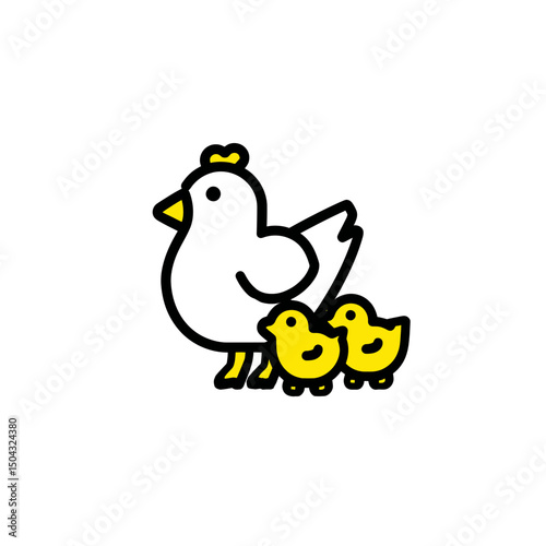 Cartoon hen protects chicks white background poultry drawing
