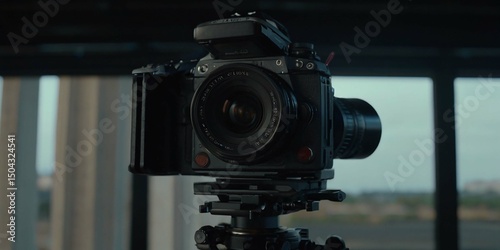 Camera on tripod shooting cityscape from window