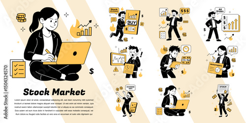Flat vector illustration of men and women trading stocks, analyzing charts, and celebrating market gains.