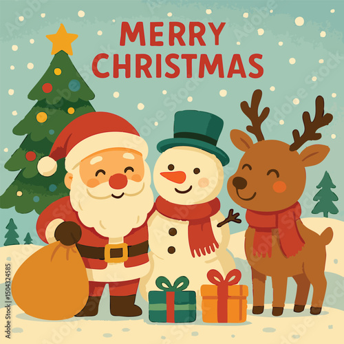 Merry Christmas Santa Snowman Reindeer Print Design in Vector