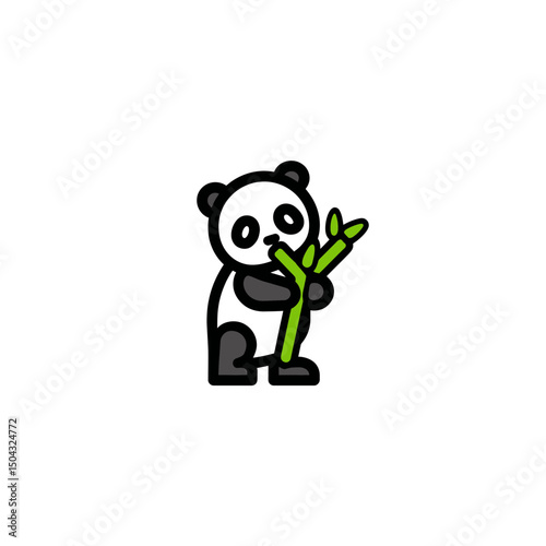 Cartoon panda consumes bamboo in minimalist simplistic backdrop