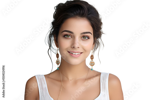 Young Woman with Glowing Skin and Natural Makeup Applying Facial Cream and Posing with Varied Expressions on White Background