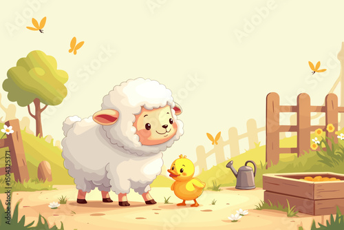 A sheep and a duckling in a sunny farmyard, joyful communication, playful scene