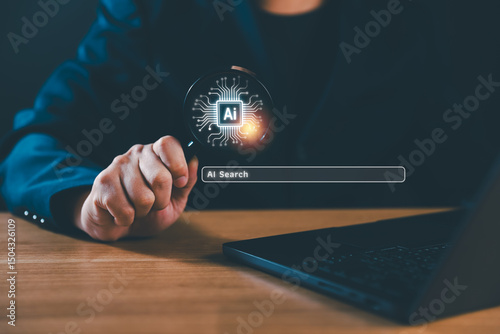 Businessman using a magnifying glass with a digital AI chip icon, representing artificial intelligence search, innovation, and future technology in digital transformation