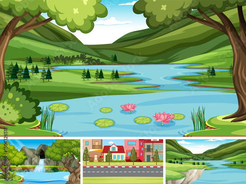 Lush nature scene with river and many trees