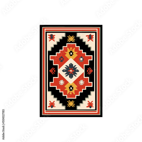 Ornamental rug displays pattern inside border geometric interior design