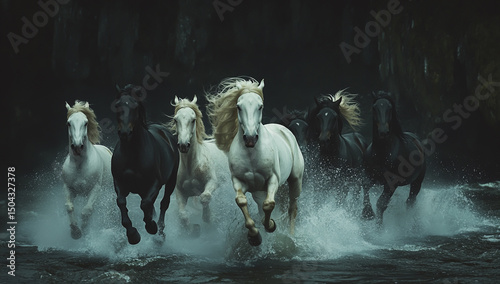 A group of horses, white and black in color with blond manes, galloping across a river against a dark background