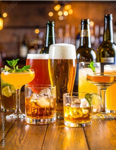 various types of alcoholic drinks served on a wooden table