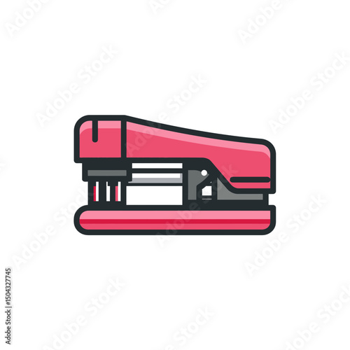 Crimson stapler joins paperwork on desktop office stationery flat style