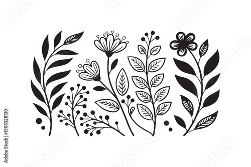 Hand-Drawn Botanical Doodle Background in Monochrome Style