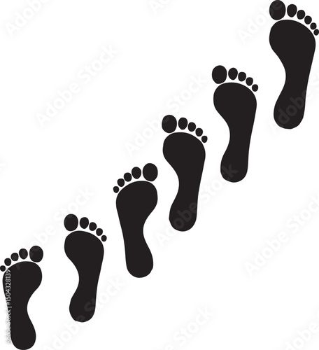 Black vector illustration of human footprints walking on white background.