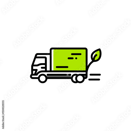 Green delivery truck transports eco leaf symbol efficiently
