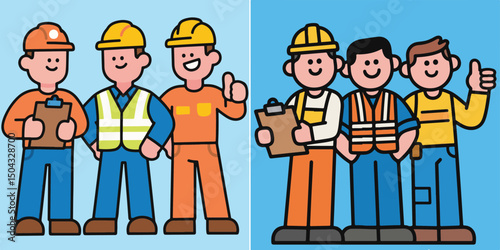 Six cartoon construction workers wearing vests and helmets are grouped in two sets of three.