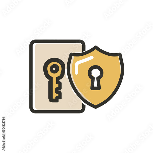 Golden key protects data behind golden shield icon graphic