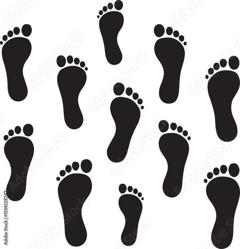 Black vector illustration of human footprints walking on white background.